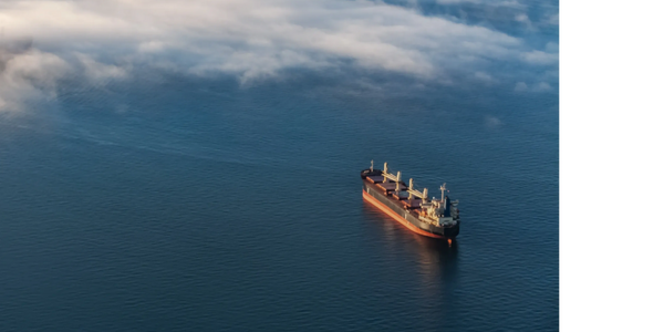 Cargo ship sailing in calm ocean waters under cloudy sky.