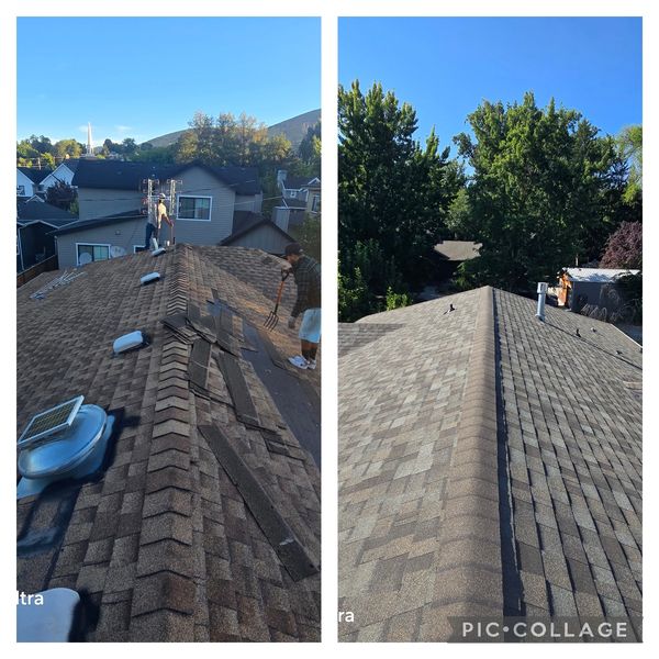 Before and after photos of a roof repair showing workers and replaced shingles.