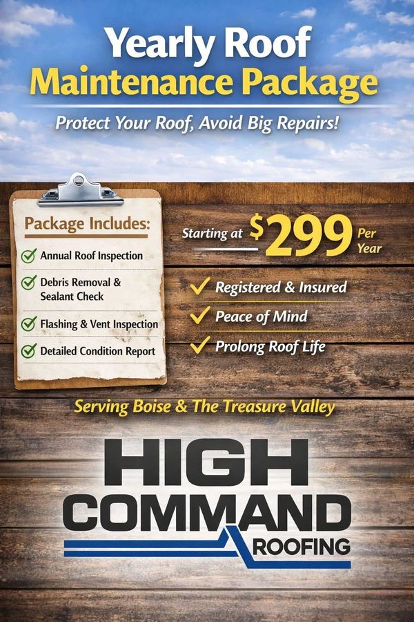 Yearly roof maintenance package for $299 with inspections and repairs by High Command Roofing.