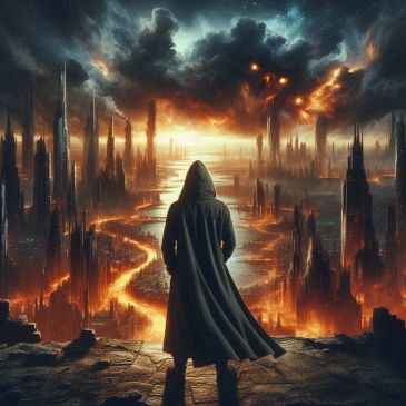 Hooded figure overlooking fiery apocalyptic cityscape.