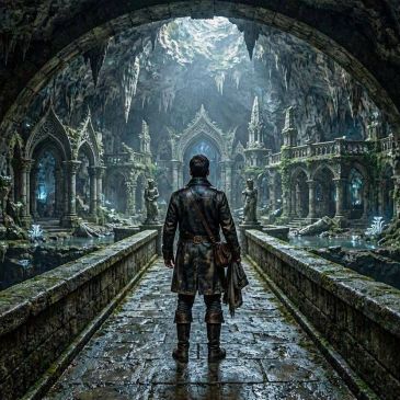 A lone adventurer explores an ancient, ruined underground temple.