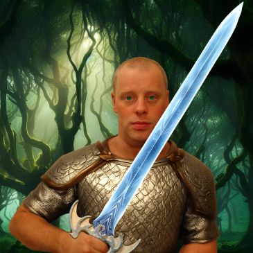 A warrior with an ice sword in a forest.