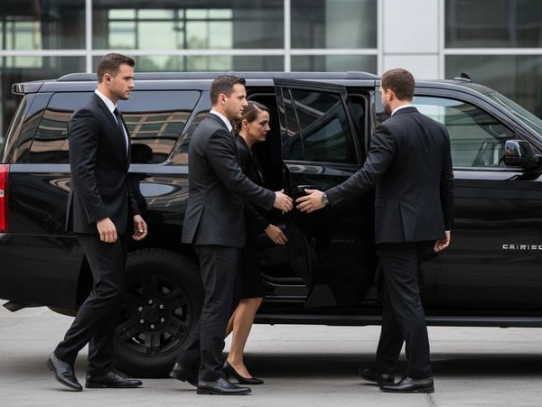 Security team escorts a professional woman to a black SUV.