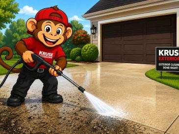 Cartoon monkey power washing a driveway.