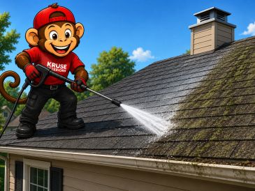 Cartoon monkey pressure washing a roof.