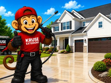 Kruse Exteriors mascot holding a pressure washer in front of a clean residential home.