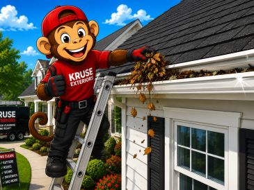 Kruse Exteriors mascot gutter cleaning the side of a residential home