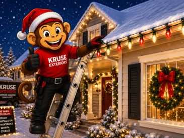 Kruse Exteriors mascot hanging commercial grade LED Holiday Lights on a residential home