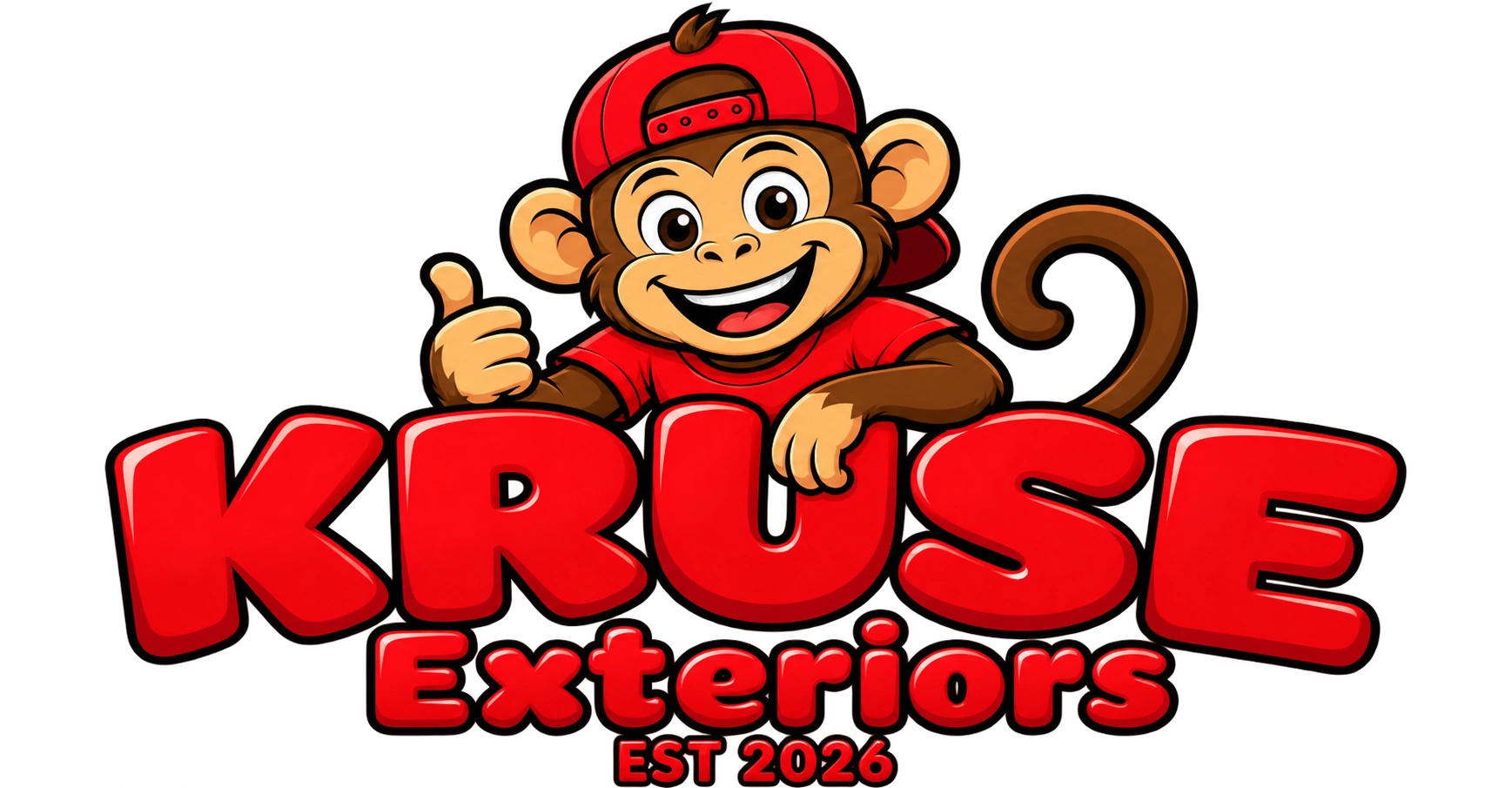 Happy cartoon monkey with a thumbs-up above bold red text 'KRUSE Exteriors EST 2026'.