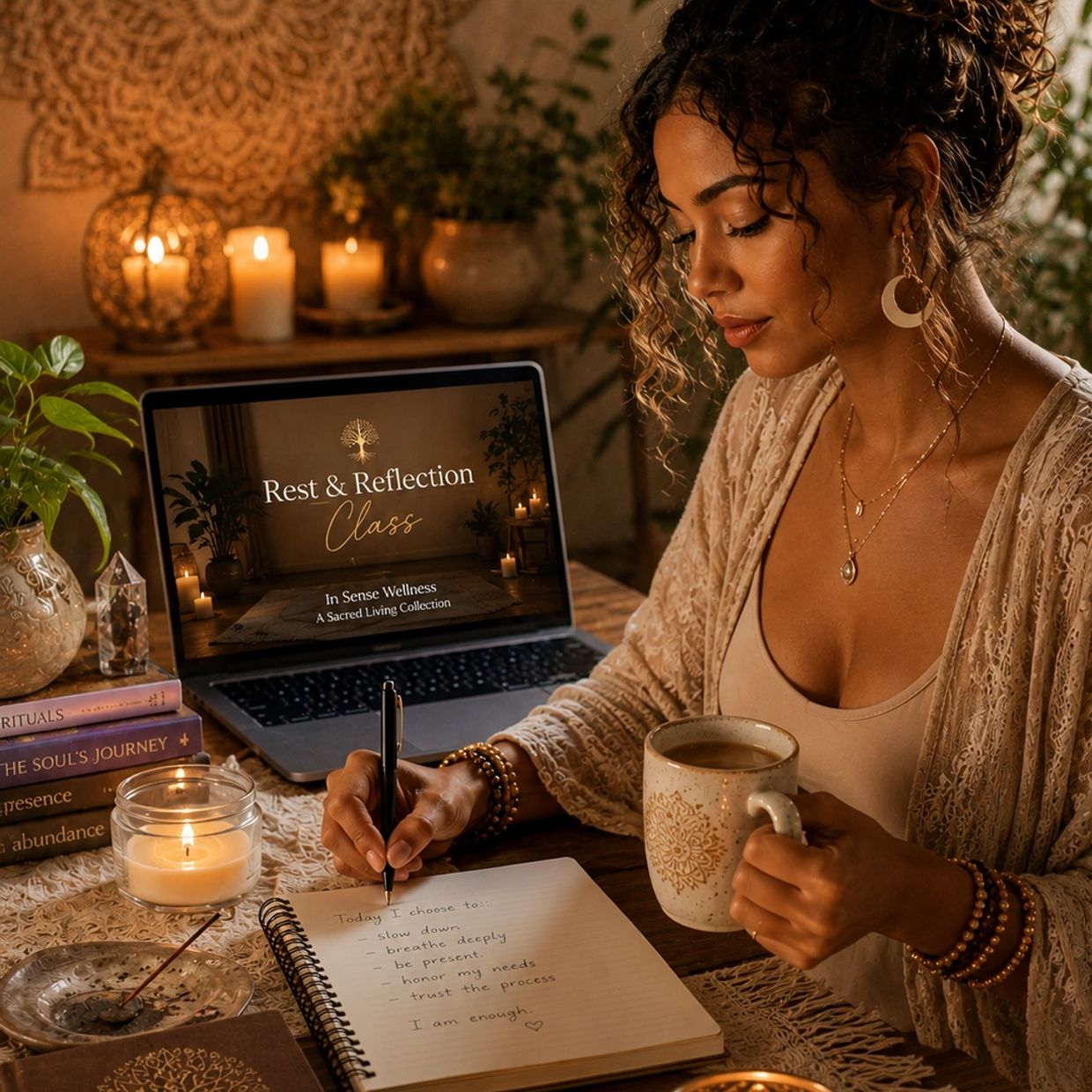 Woman journaling by candlelight with a laptop showing a wellness class.