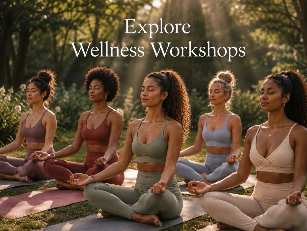 Five women meditating outdoors in yoga attire.