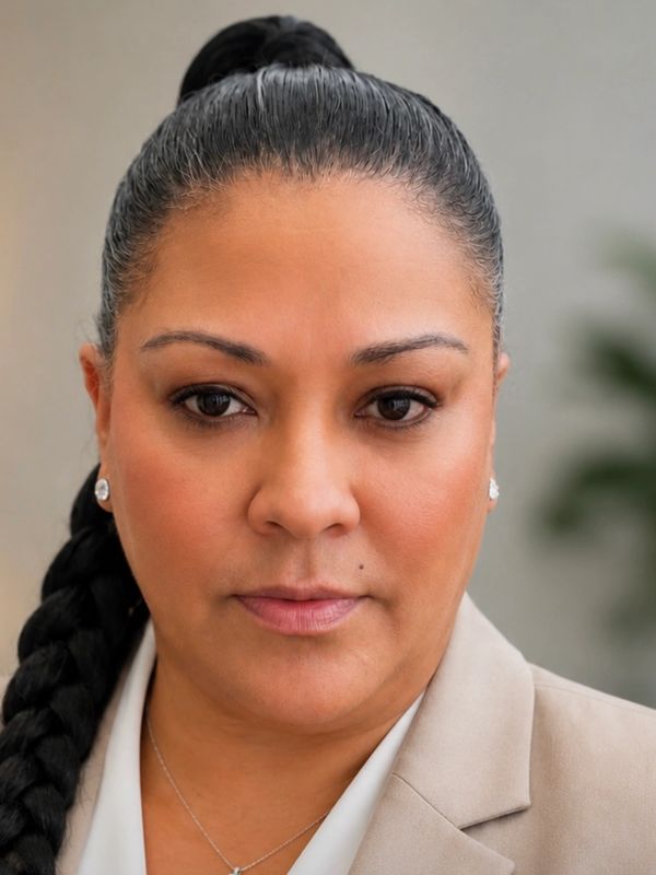 Portrait of a confident woman with braided hair in professional attire.