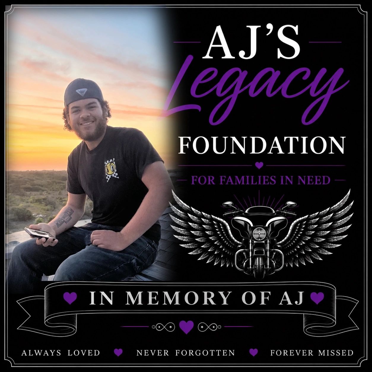 Memorial for AJ's Legacy Foundation with smiling man at sunset.