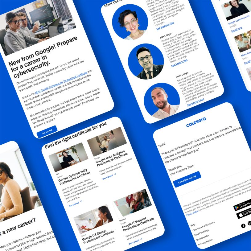 Screenshots of online learning certificates and career preparation resources.