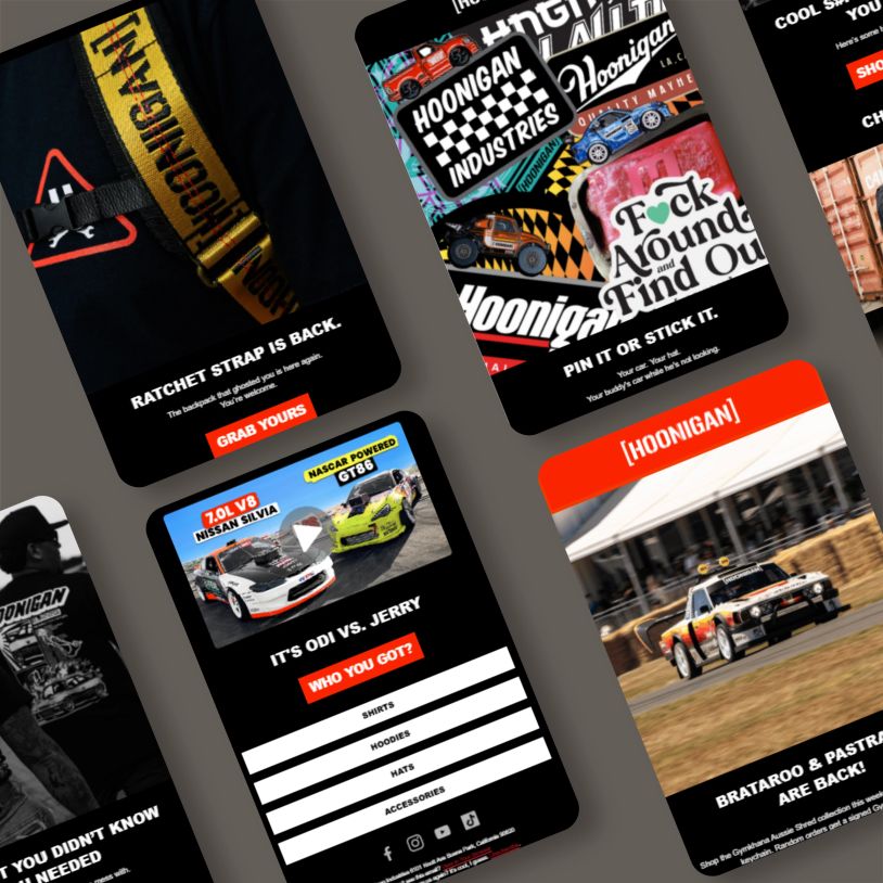 Hoonigan promotional content featuring ratchet strap, stickers, car races, and apparel.