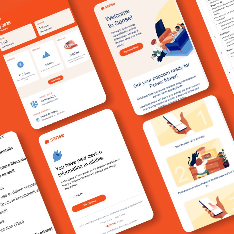 Mobile app screens for Sense energy management.