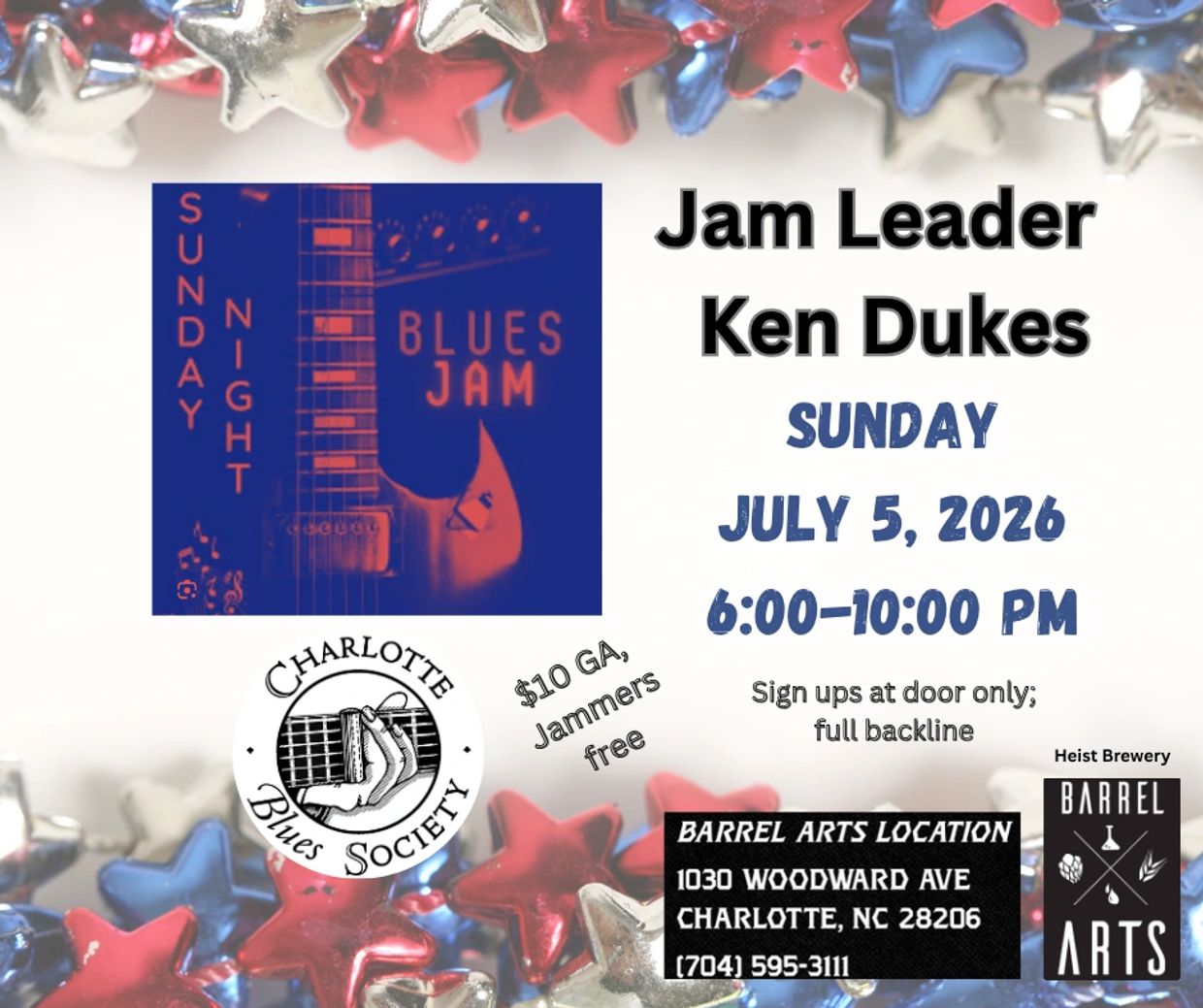 Red white and blues background for the July 5, 2026 open blues jam with Jam leader Ken Dukes.at Heis