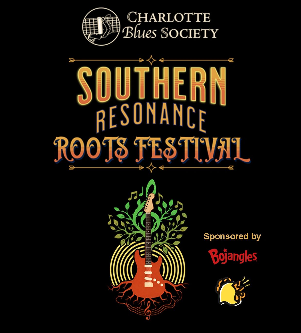 Graphic with the logo above decorative type that reads Southern Resonance Roots Festival