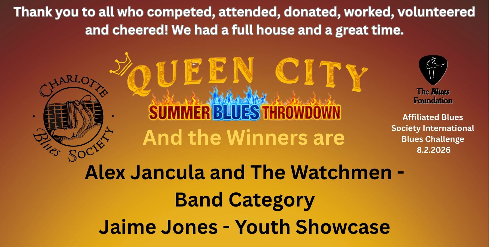 Queen City Blues Throwdown 2026 winners are Alex Jancula & the Watchmen. And Youth act - Jaime Jones