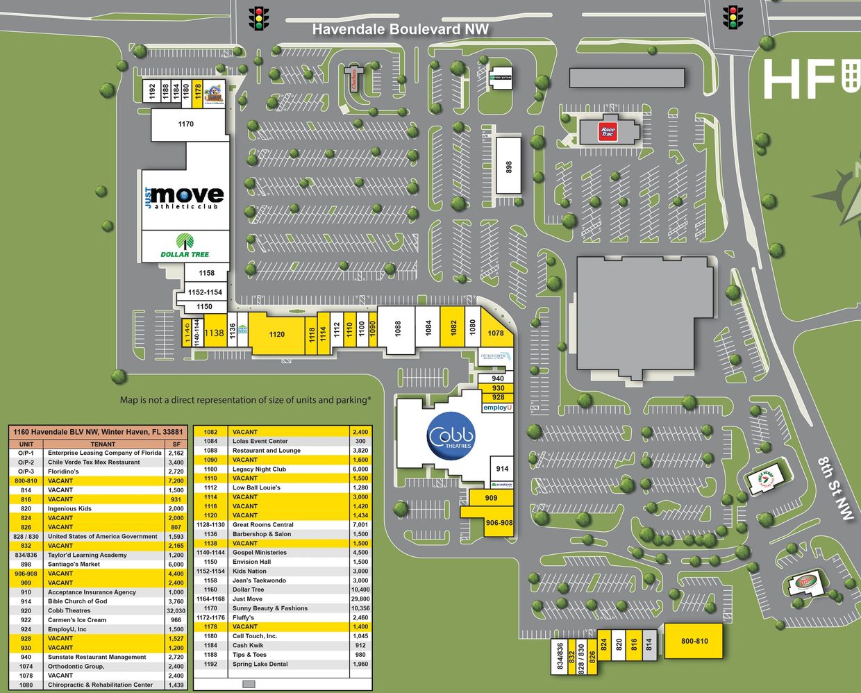 Map of Havendale Boulevard NW shopping center with store units and parking layout.