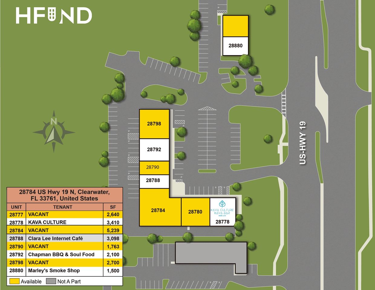 Commercial property map of 28784 US Hwy 19 N, Clearwater, showing available units and tenants.