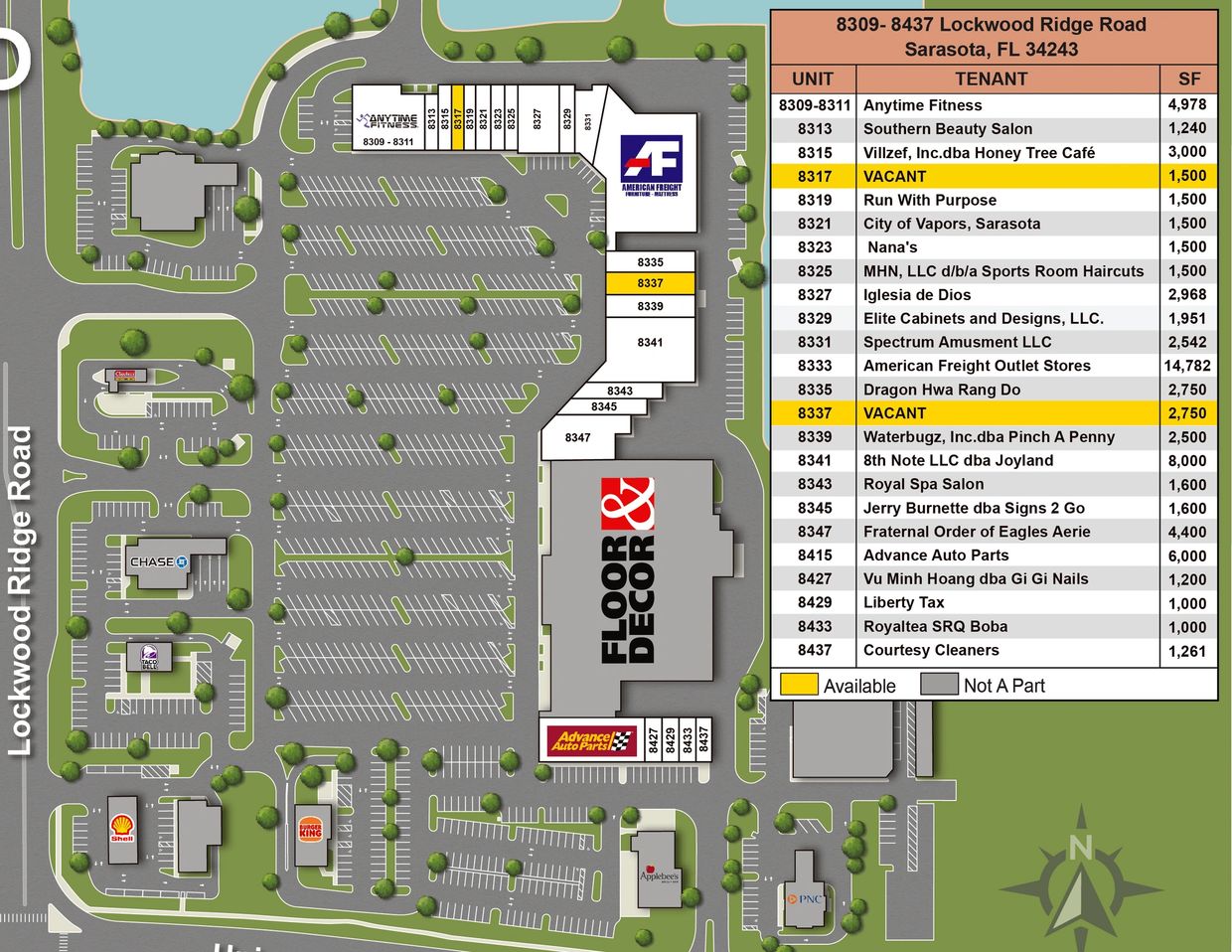 Map of Lockwood Ridge Road shopping center with tenants and vacant units highlighted.