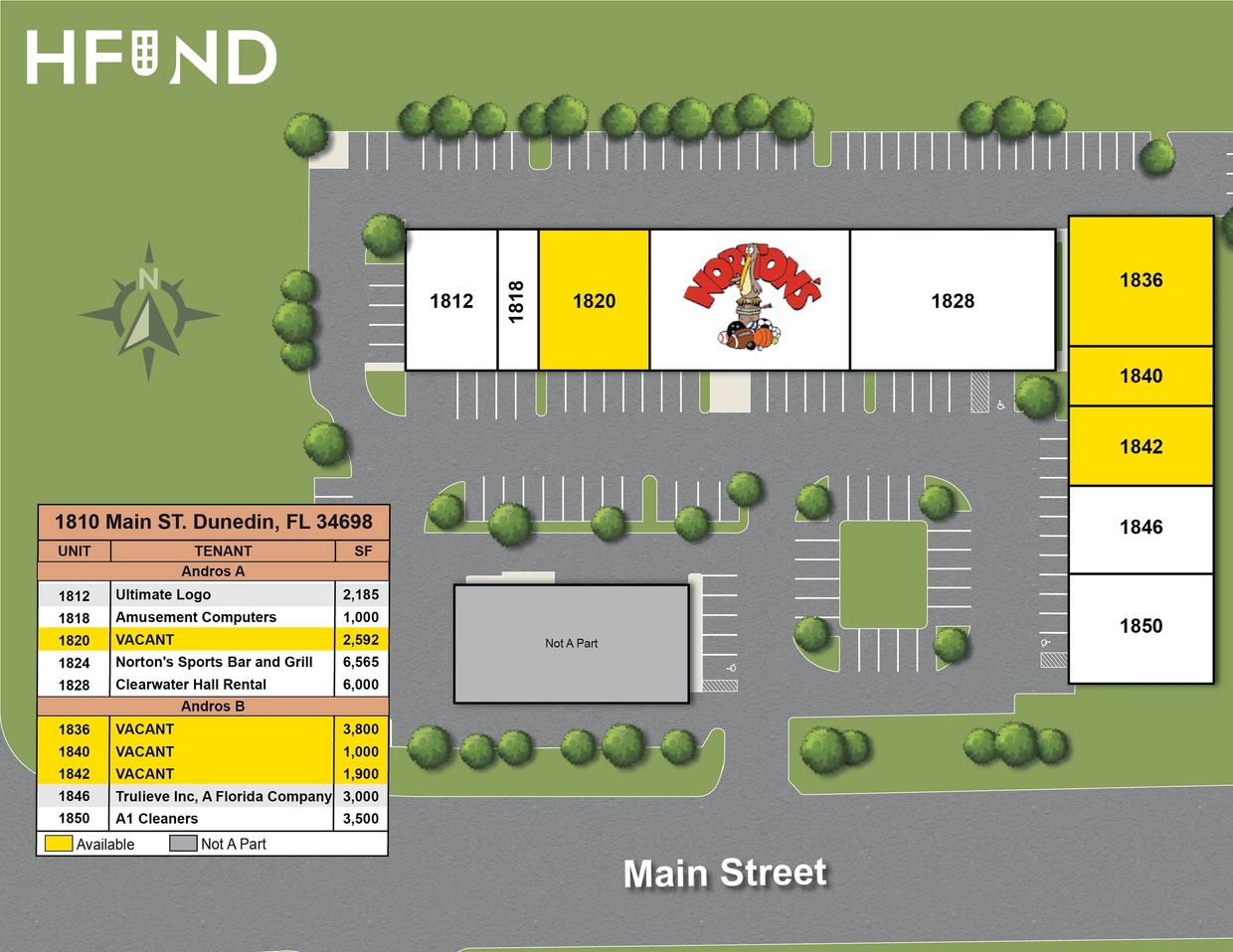 Commercial property layout with available units highlighted in yellow at 1810 Main St, Dunedin, FL.