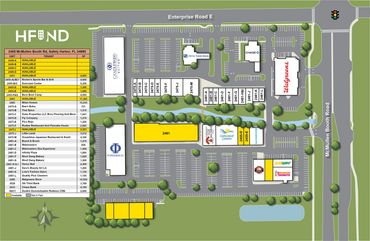 Layout map of HFND retail center showing stores and parking areas.