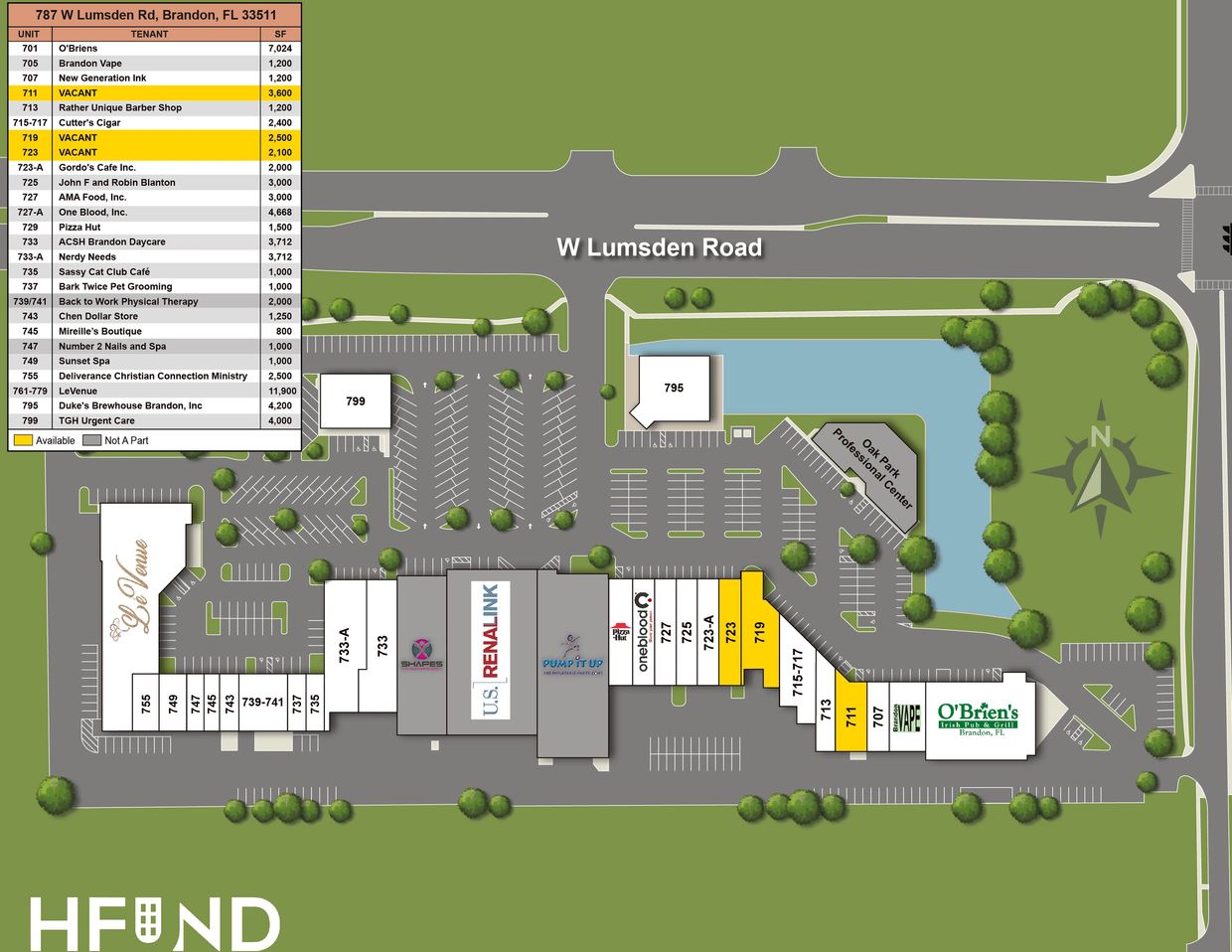 Map of retail units with available spaces highlighted in yellow along W Lumsden Road.