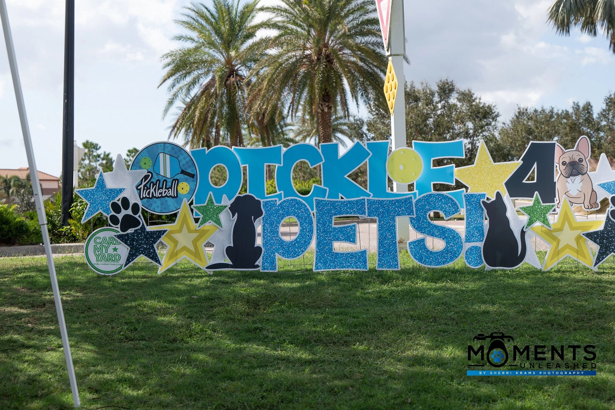 Colorful outdoor sign for Pickleball Pets 4 event with stars and animal silhouettes.