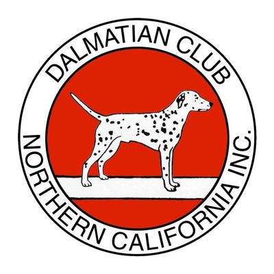 Logo of Northern California Dalmatian Club with a spotted Dalmatian on red.
