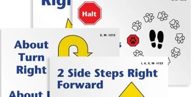 Cards displaying dog training commands and symbols.