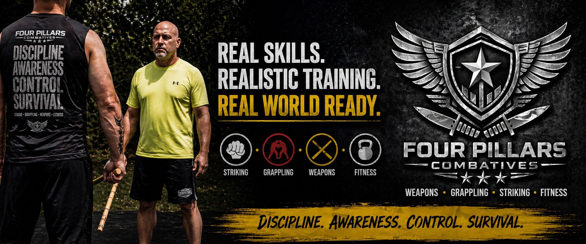 Four Pillars Combatives offers realistic training in striking, grappling, weapons, and fitness for real-world readiness.
