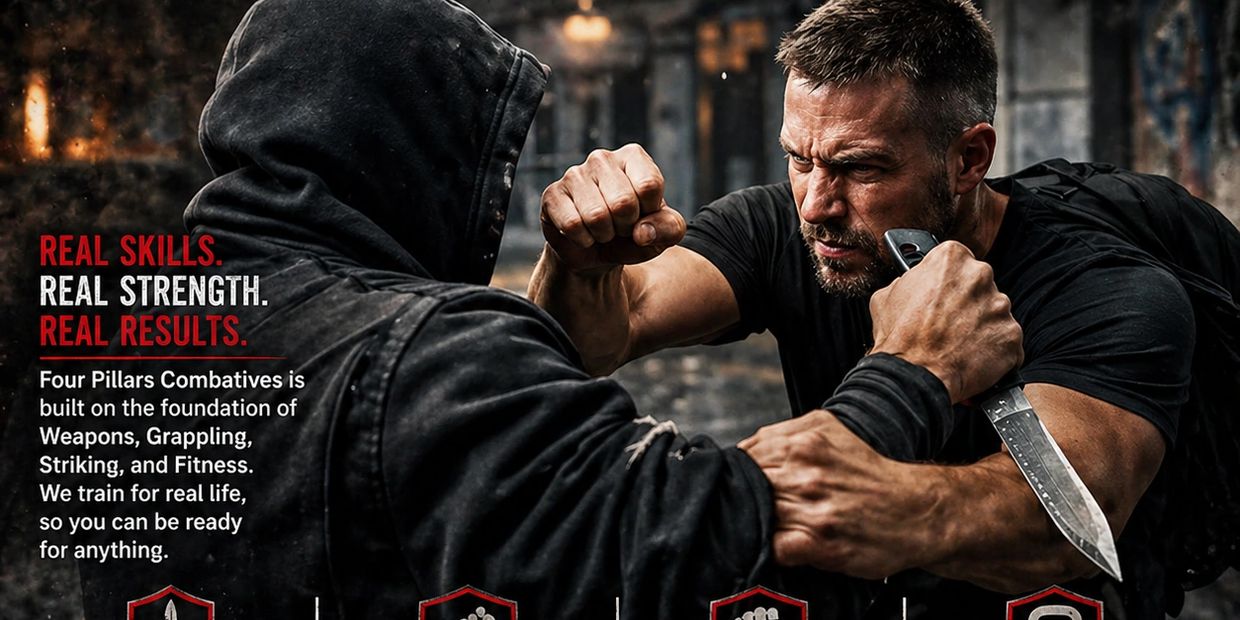 Two men engaged in intense close combat training with one wielding a knife.