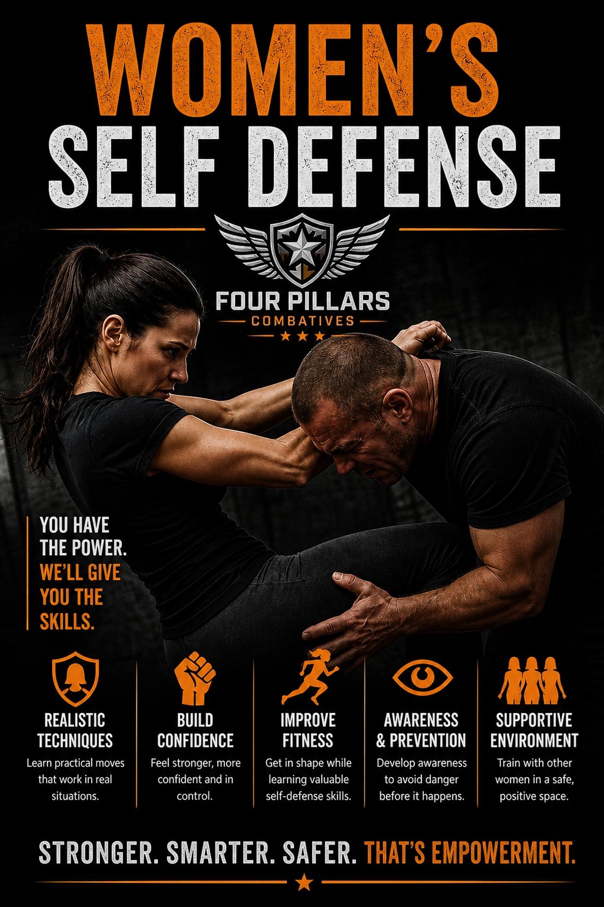 Women's self-defense promotes practical skills, confidence, fitness, awareness, and support.