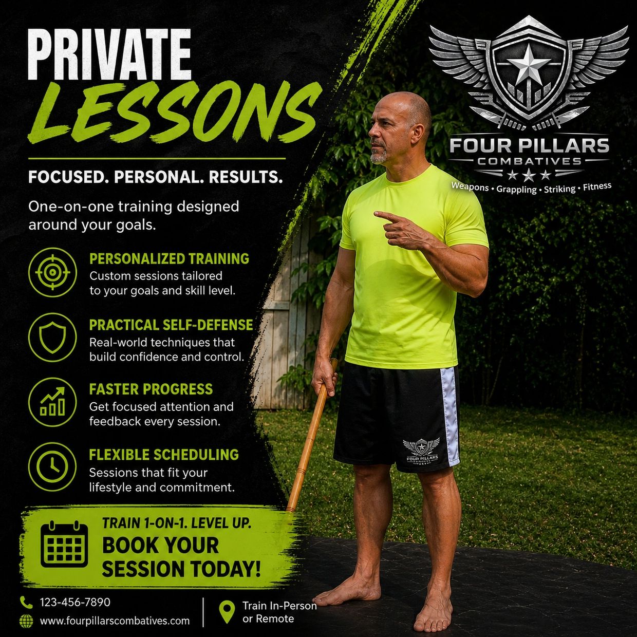 Man in bright green shirt holding a wooden stick, promoting private combat training lessons.