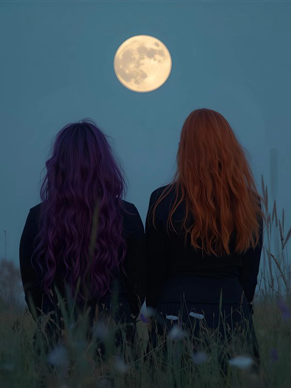 Two women with colorful hair gaze at a full moon in a grassy field.