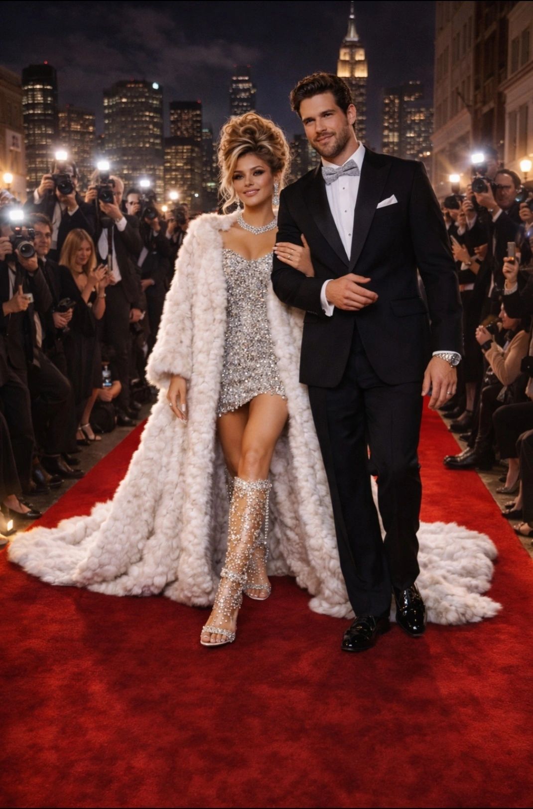 Couple dressed elegantly on a red carpet with photographers in the background at night.