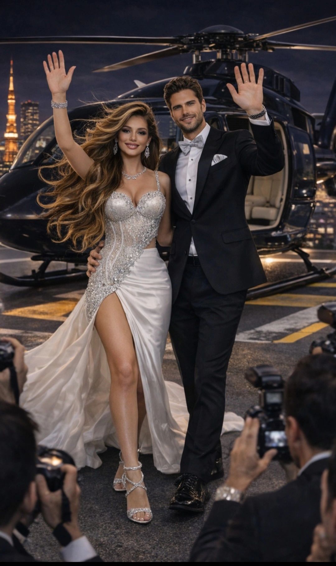 Glamorous couple waving in front of a helicopter with photographers capturing the moment.