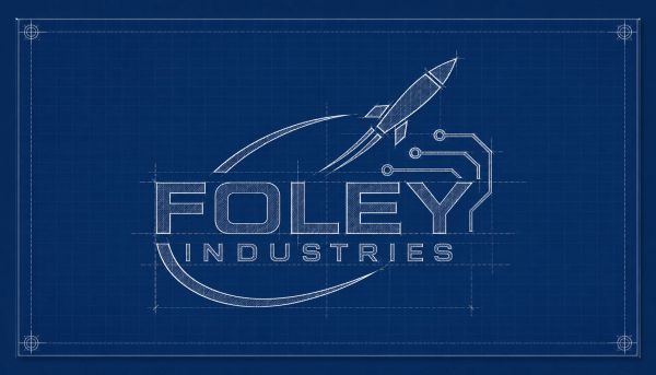 Blueprint-style logo for Foley Industries with a rocket design.
