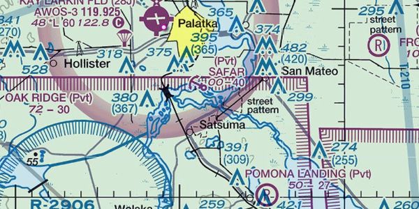 A sectional aeronautical chart showing airspace around Palatka and nearby areas.