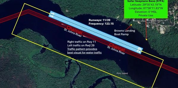Map of Safar Seaplane Base runway on St. Johns River with traffic instructions.