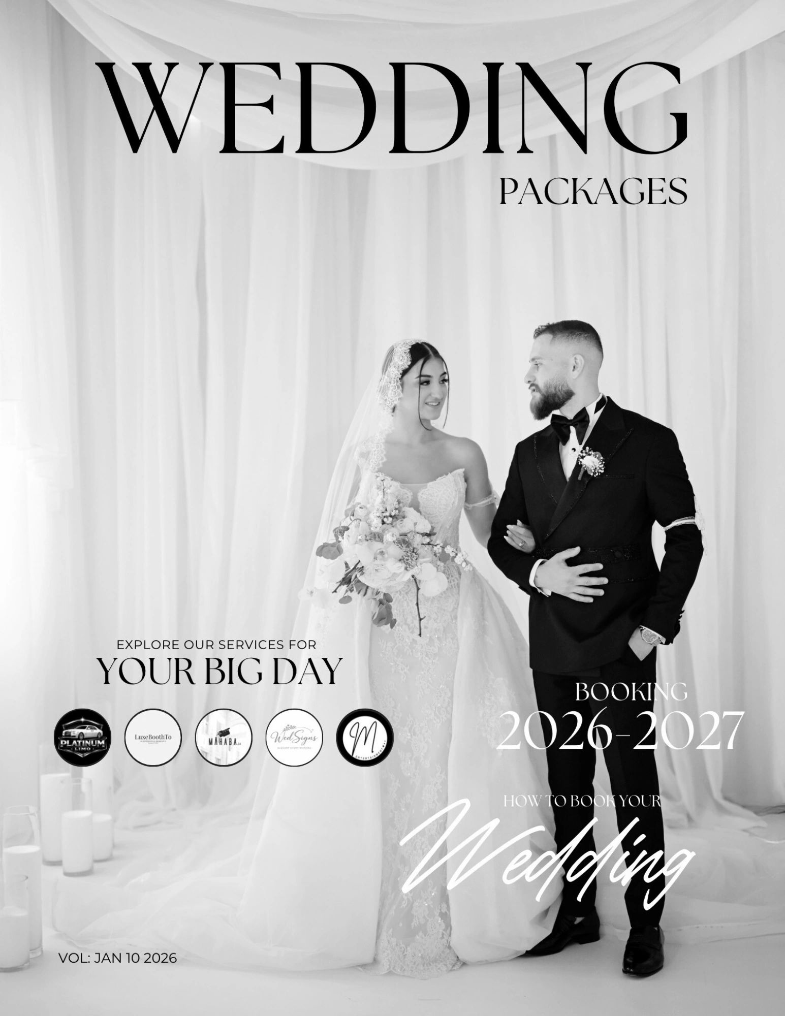 Elegant wedding couple promoting 2026-2027 wedding packages.