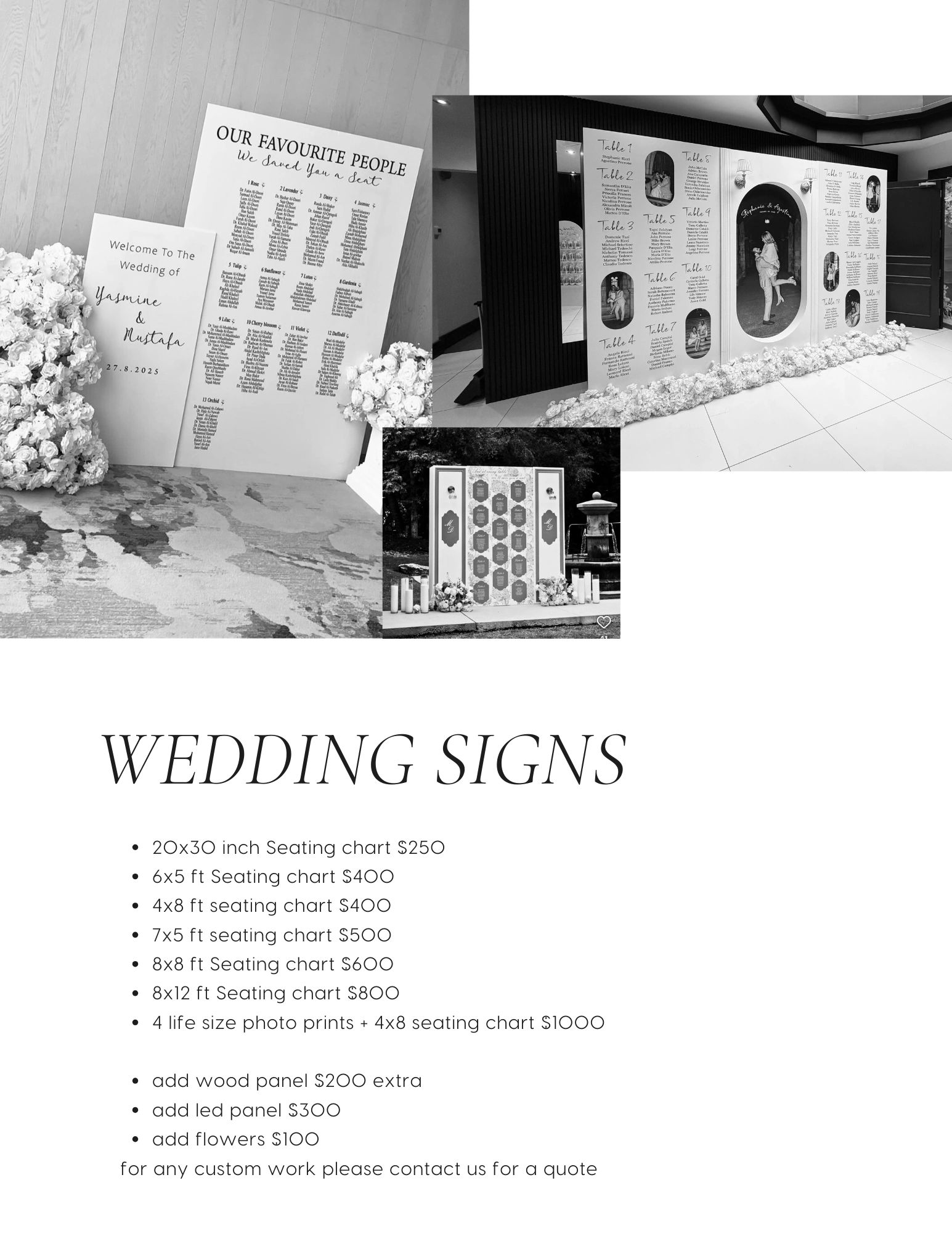 Elegant wedding seating charts with floral decorations and pricing details for various sizes and custom options.