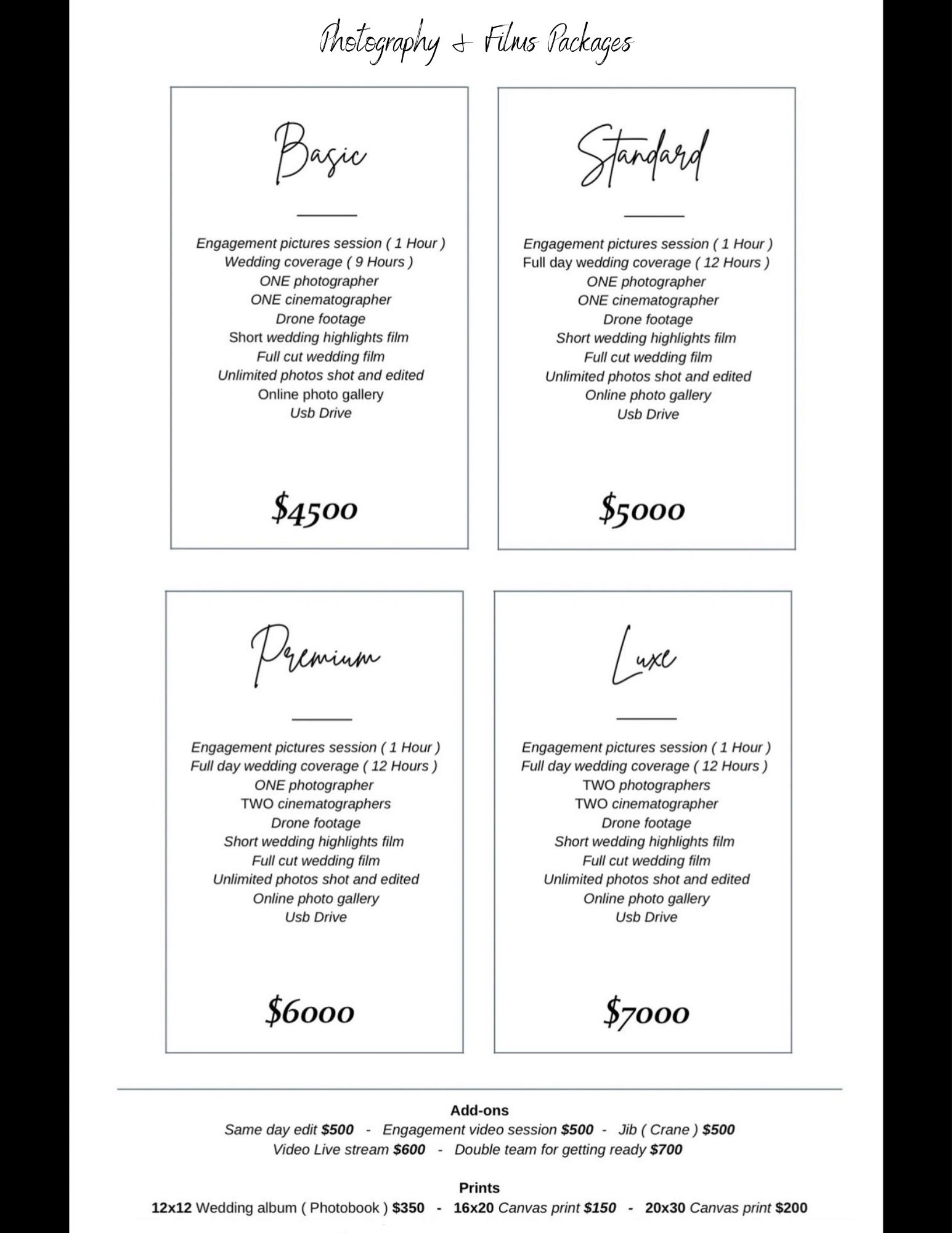 Photography and films packages with four tier options and add-ons for weddings.