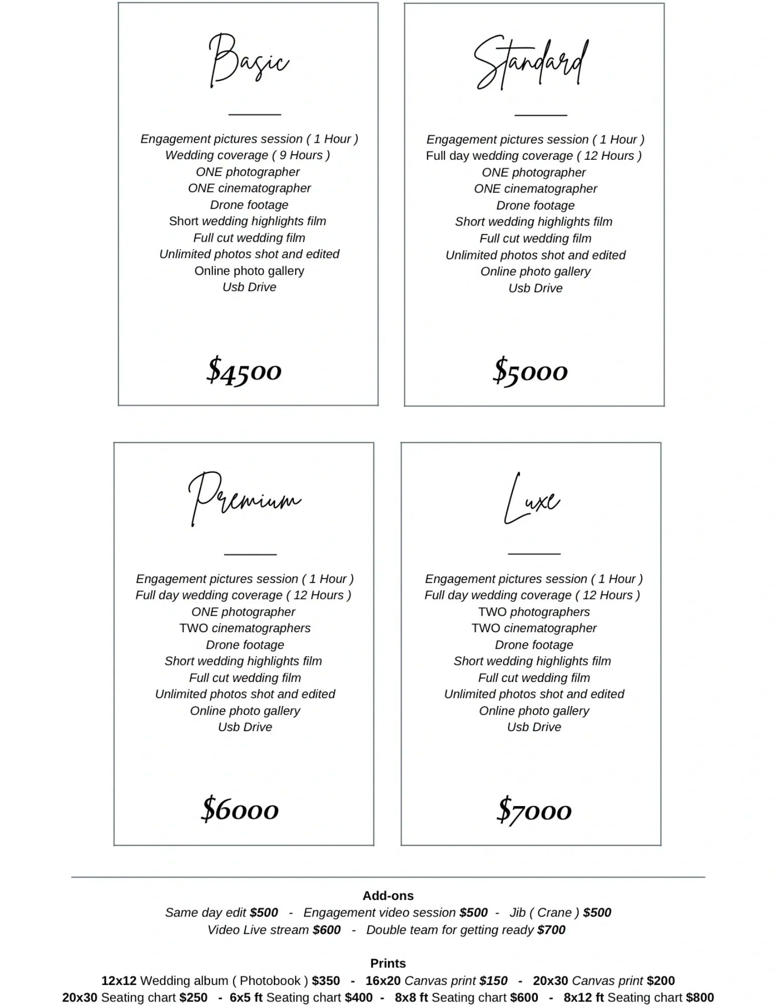 Wedding photography packages with four pricing tiers and additional services.
