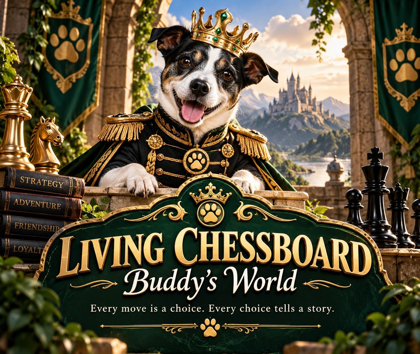 Dog king in a chess-themed fantasy setting.