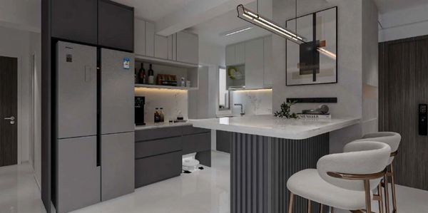 Modern kitchen with sleek grey cabinets and a marble island with bar stools.