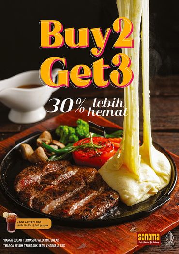 Promosi beli 2 dapat 3 steak dengan keju leleh.