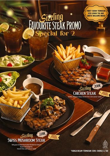 Promo steak spesial untuk dua orang dengan minuman dan salad.